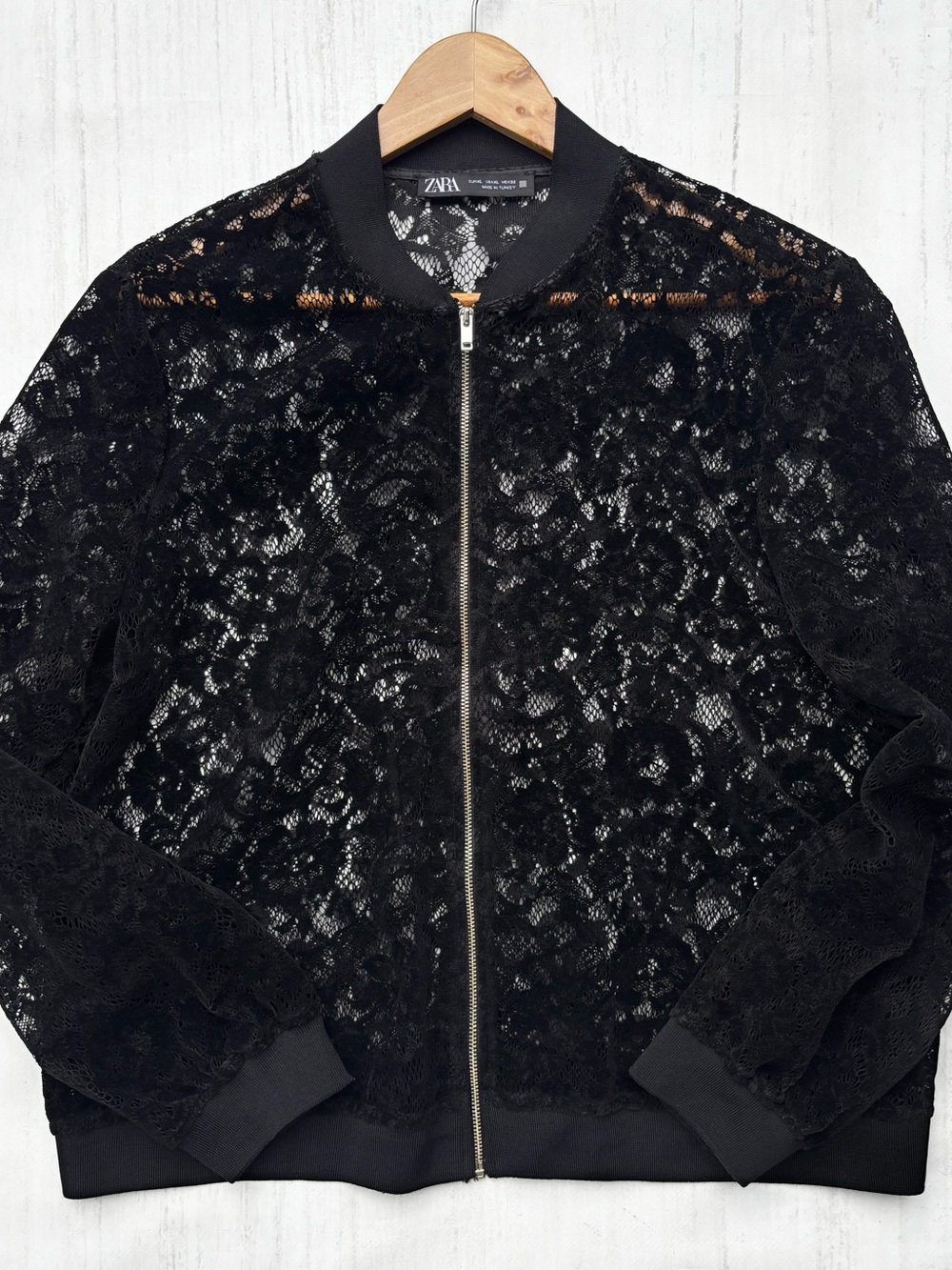 Zara Women’s Black Lace Bomber Jacket with Silver Zip Excellent Condition XL